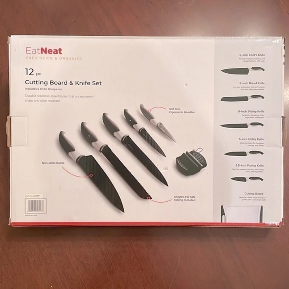 Brand New 12 Piece Kitchen Knife Set Safety Sheaths Cutting Board Sharpener